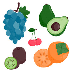 Set of ripe juicy fruits. Kiwi, avocado, persimmon, cherry, grapes.
