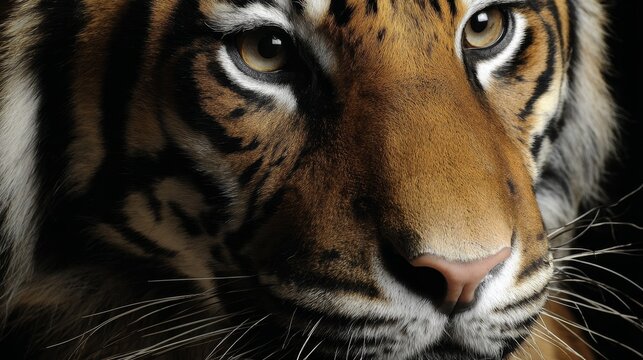 Close-up view of majestic Bengal tiger face with striking orange fur, bold black stripes, piercing amber eyes, showing powerful predator expression in wildlife nature, symbol of strength and beauty