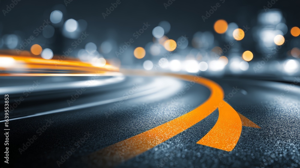 Poster dynamic night road scene with illuminated curves and vibrant bokeh lights.