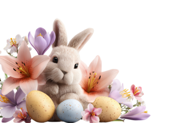 Spring-Themed Easter Composition with Bunny, Bright Eggs, and Blooming Flowers, Transparent Background