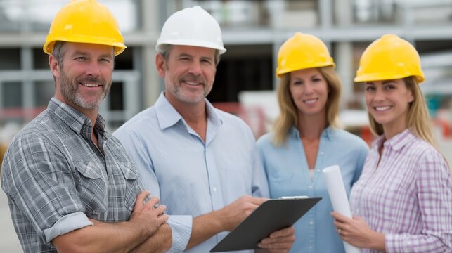 Smiling architects and happy engineers collaborating on a construction site in a vibrant city during a sunny day