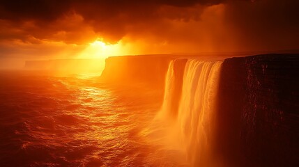 Dramatic sunset over a powerful waterfall cascading down cliffs into the ocean.