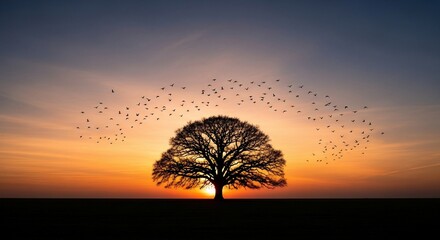 Silhouette Tree at Sunset with Birds Flying in Formation