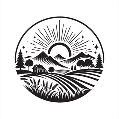 Black and White Rural Landscape with Mountains Sunburst House and Wheat Field.