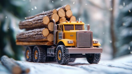 Realistic Model of a Yellow Log Truck Carrying Freshly Cut Timber Logs in a Snowy Forest Setting