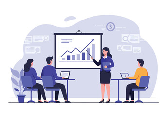 Female team leader, a successful strategy builder, presenting financial growth on a projector screen to colleagues in an office meeting