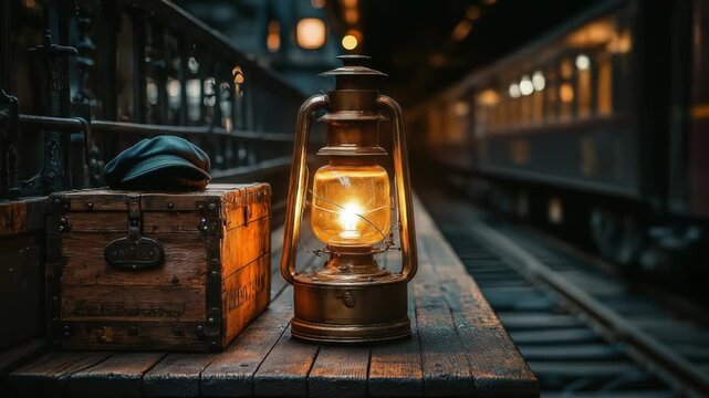 A glowing lantern illuminates a scene with a wooden chest, cap, and train tracks, evoking a vintage travel aesthetic