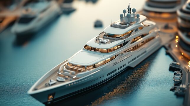 Luxury yacht docked at a marina with stunning views of water and modern architecture surrounding the harbor, showcasing elegance and opulence in marine design