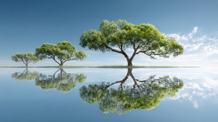 Tranquil scene of three trees reflecting on calm water under a clear blue sky.