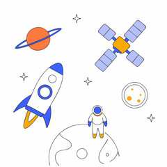 Cartoon astronaut standing on planet with rocket and satellite in space  