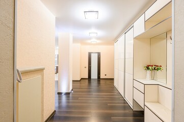 bright hallway with wooden floors, white walls, built-in wardrobe, and recessed lighting. A bouquet of flowers adorns a shelf