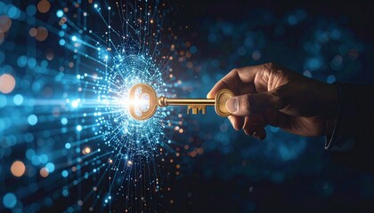 Golden Key In Hand With Digital Light Effect