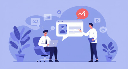 Naklejka premium Collaborative Business Growth: Data-Driven Strategy Meeting Illustration.