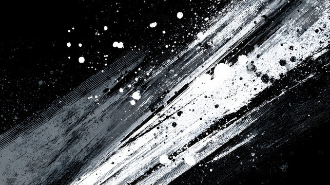 Abstract black and white diagonal brushstrokes with splattered paint on a dark background.