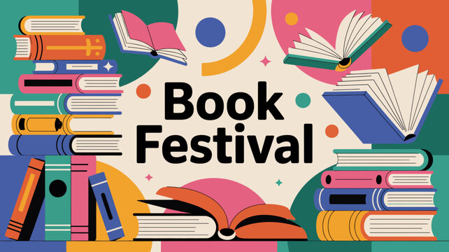 Vibrant Book Festival celebration with stacks of colorful books and open pages creating an engaging atmosphere for literary enthusiasts and events.