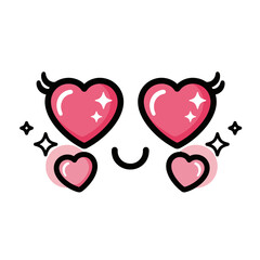 Kawaii Heart Eyes Face Vector Illustration with Sparkles