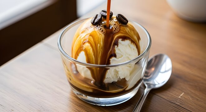 Affogato Dessert with Vanilla Ice Cream and Coffee Beans | Traditional Italian Coffee-Based Sweet Treat for Cafes, Restaurants and Food Blogs