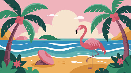 Vibrant tropical beach scene with a flamingo and palm trees evokes a sense of paradise, perfect for summer vacation promotions.