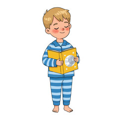 A young boy in pajamas, peacefully reading a book about the moon.