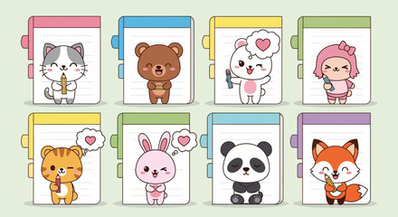 Fototapeta premium Kawaii Animal Characters with Pencils and Notebook Pages