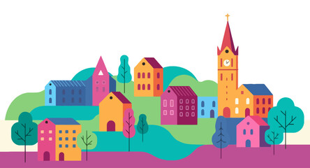 Charming colorful village scene with a prominent clock tower, nestled amongst rolling hills and vibrant trees, evoking a sense of community and picturesque living.