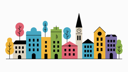 Fototapeta premium Vibrant collection of colorful, modern city buildings and trees creates a cheerful urban landscape perfect for design projects