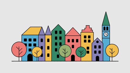 Fototapeta premium Vibrant row of colorful cartoon houses with trees and a clock tower, showcasing charming urban scenery and inviting architectural styles for a happy community feel.