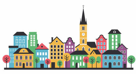 Vibrant cityscape illustration with colorful buildings and a church tower creating a charming, lively urban scene perfect for creative projects.