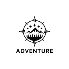 Compass rose with mountain and forest adventure logo