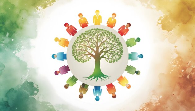 A diverse community of people in a circle of unity around a vibrant Tree of Life. A powerful concept for harmony, diversity, community growth, and environmental connection.