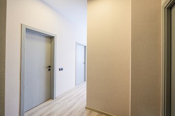 Interior shot of a hallway with grey doors, light walls, and wood-like flooring. Neutral color palette