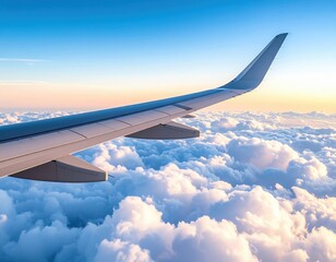 Obraz premium Airplane Wing Over Fluffy Clouds At Sunrise