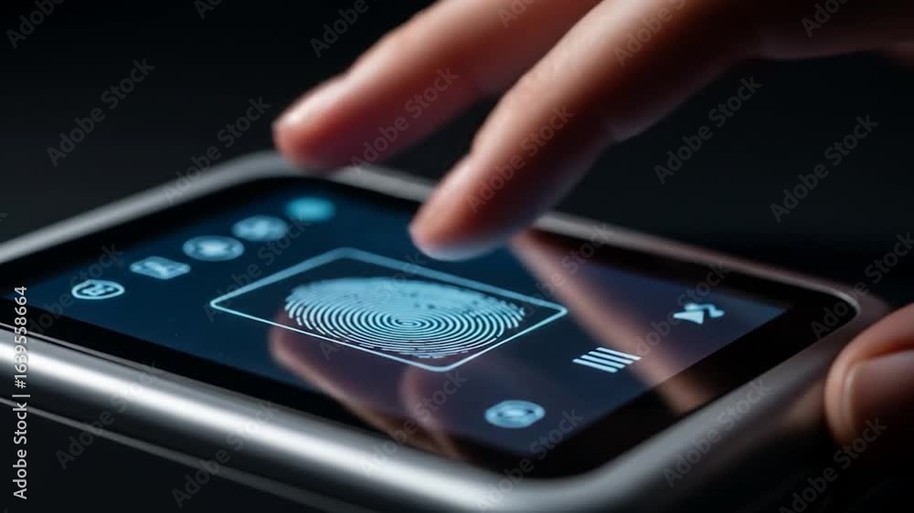 Poster fingerprint scan on smartwatch: secure access and biometric authentication technology