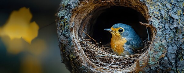 A bird nesting in the hollow of a tree