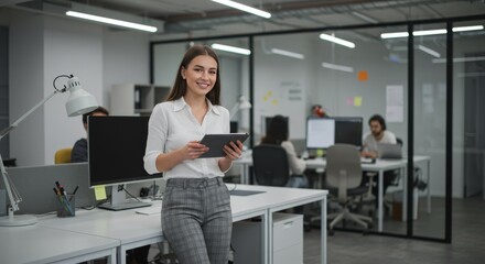 Smiling Woman Holding Tablet in Bright Modern Office with Coworkers in Background