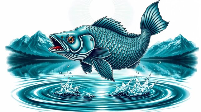 Iron-scaled fish leaping from enchanted lake with mountain reflections and shimmering sky, retro tattoo design on white background, illustration for Kalevala epic