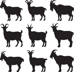 Nine Black Goat Silhouettes Standing in Rows on White Background animal farm