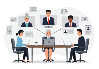 A professional team builder leading a hybrid business meeting with remote colleagues, an illustration of corporate collaboration and strategy