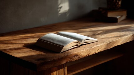 Simple wooden table with open notebook. Back to school