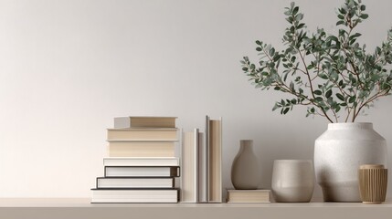 Modern workspace with books and plant arrangement. Education concept