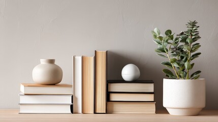 Modern workspace with books and plant arrangement. Education concept