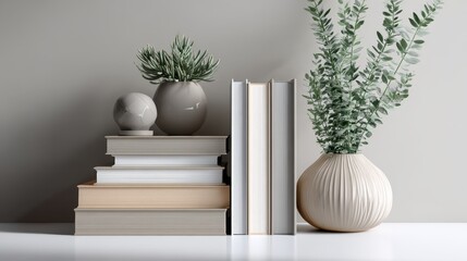 Modern workspace with books and plant arrangement. Education concept