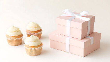 Three sweet cupcakes sit near two pink gift boxes tied with white ribbon.