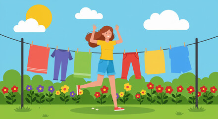 Obraz premium Joyful Woman Drying Clothes Outdoors on a Sunny Day.