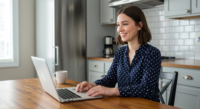 Young Woman Video Calling from Modern Kitchen with Natural Light