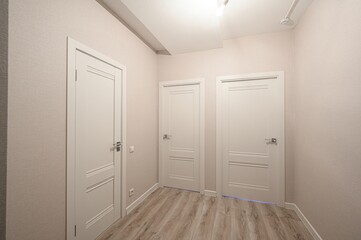 Bright hallway with three white paneled doors, light walls, and wood-look flooring