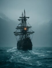 Fototapeta premium Dramatic Pirate Ship Sailing on Stormy Seas - International Talk Like a Pirate Day