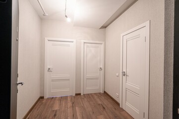 brightly lit hallway with three white paneled doors and wood-look flooring. Walls are textured, and a single lightbulb hangs from the ceiling