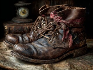 Worn Leather Boots on a Vintage Map, Pirate Adventure Still Life