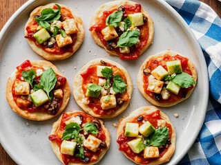 Mini pizza bites topped with cheese, vegetables, and fresh basil on a grey plate